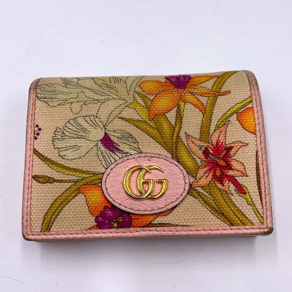 Ltd Edition GUCCI GG Logo Japanese Floral Pinks Leather Canvas Sml Bifold Wallet - Picture 1 of 10
